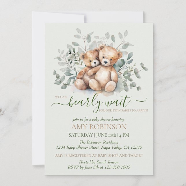 Invitation Teddy Bear Boho Twin Genre Baby shower neutre (Devant)