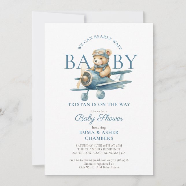 Invitation Teddy Bear Boy Blue Bearly Wait Baby shower (Devant)