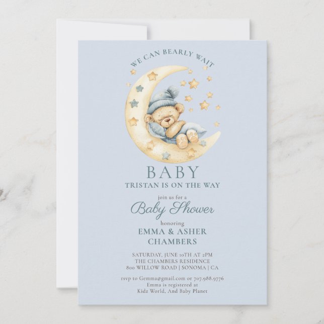 Invitation Teddy Bear Boy Blue Bearly Wait Baby shower (Devant)