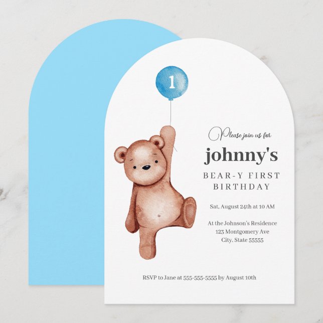 Invitation Teddy Bear Boy Première fête d'anniversaire (Devant / Derrière)