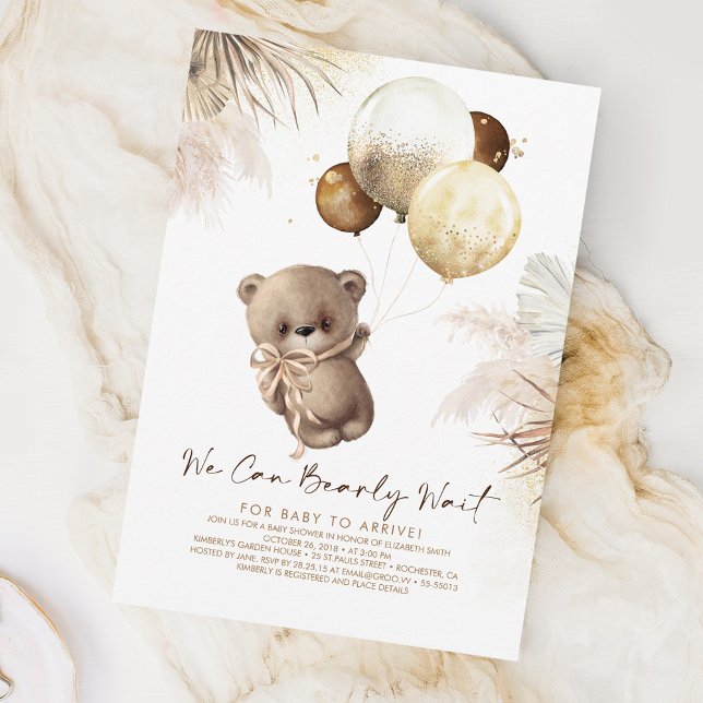 Invitation Teddy Bear Brown et Baby shower Gold Ballons (Teddy Bear Baby Shower Invitations)