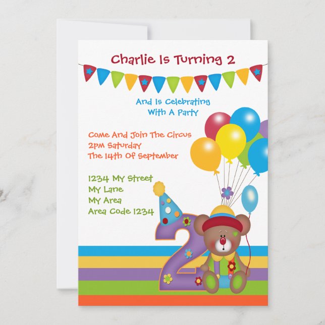 Invitation Teddy Bear Clown Deuxième fête d'anniversaire (Devant)