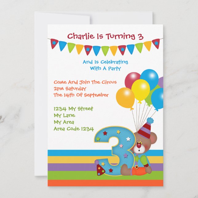 Invitation Teddy Bear ClownTroisième fête d'anniversaire (Devant)
