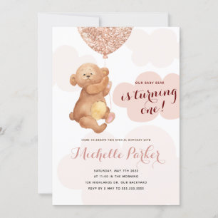 Invitation Teddy Bear Cub Pink Nuages 1er anniversaire