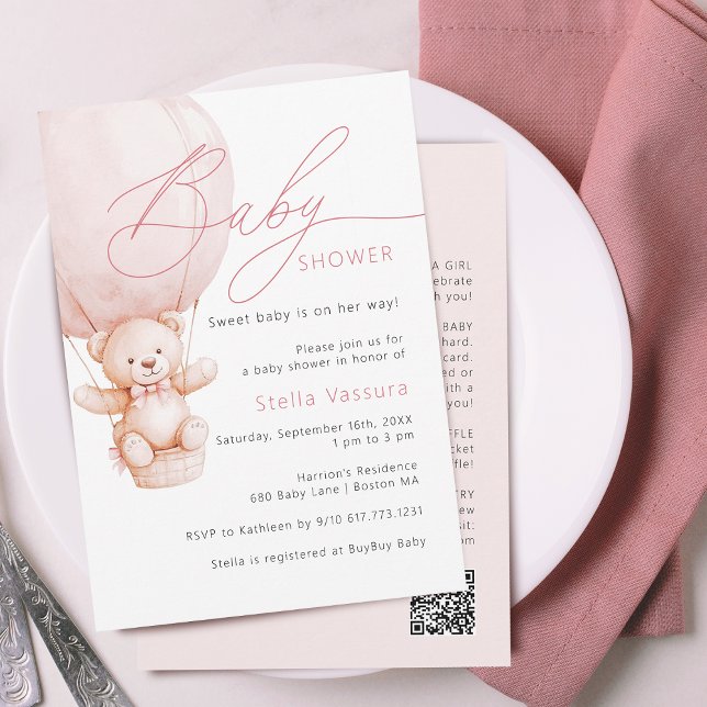 Invitation Teddy Bear Détails QR Code Girl Baby shower (Teddy Bear Details QR Code Girl Baby Shower Invitation)