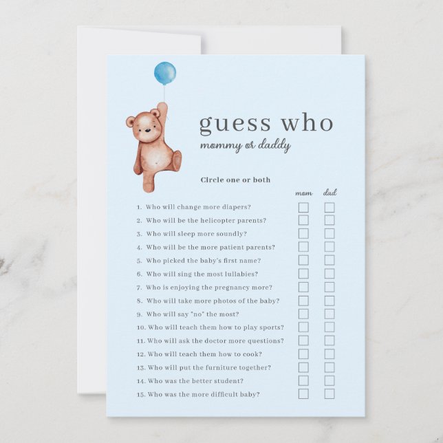 Invitation Teddy Bear Devine Qui Baby shower Jeu (Devant)