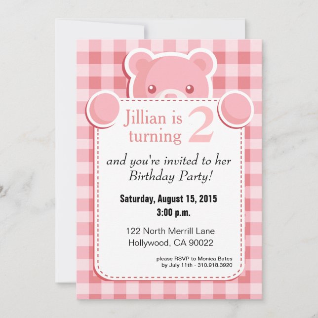 Invitation Teddy Bear En vichy Plaid Bird| rose (Devant)