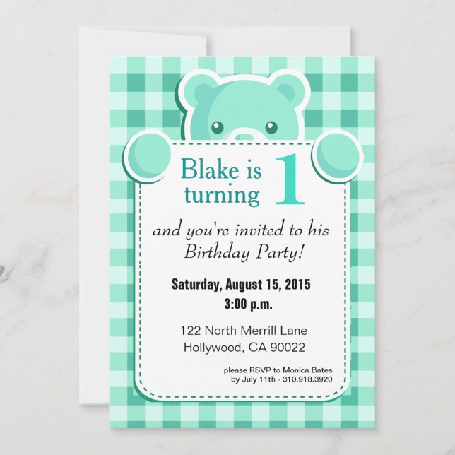 Invitation Teddy Bear En vichy Plaid Bird| vert menthe (Devant)