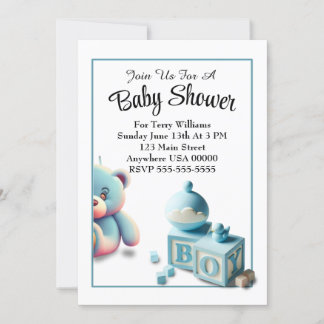 Invitation Teddy Bear et Baby Blocks Baby shower garçon