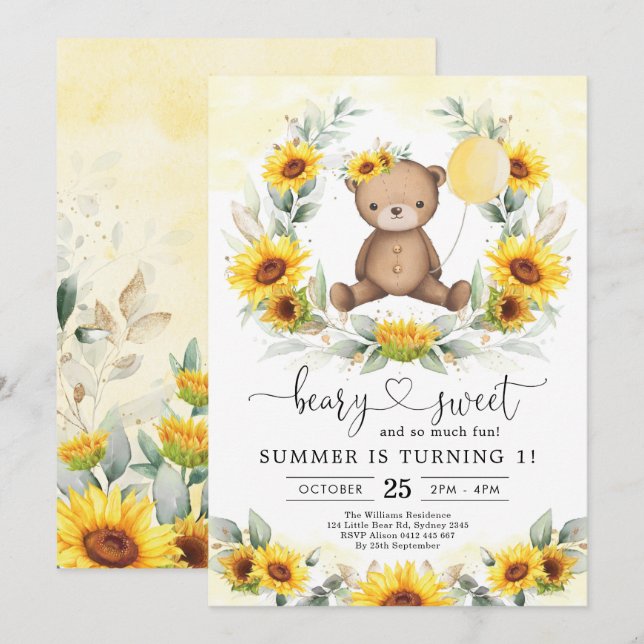 Invitation Teddy Bear Été Tournesol Vert Anniversaire Fille (Devant / Derrière)