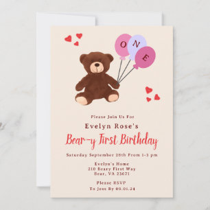 Invitation Teddy Bear First Birthday Balloon Girl's Cream