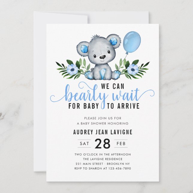 Invitation Teddy Bear Floral Botanical Blue Boy Baby shower (Devant)