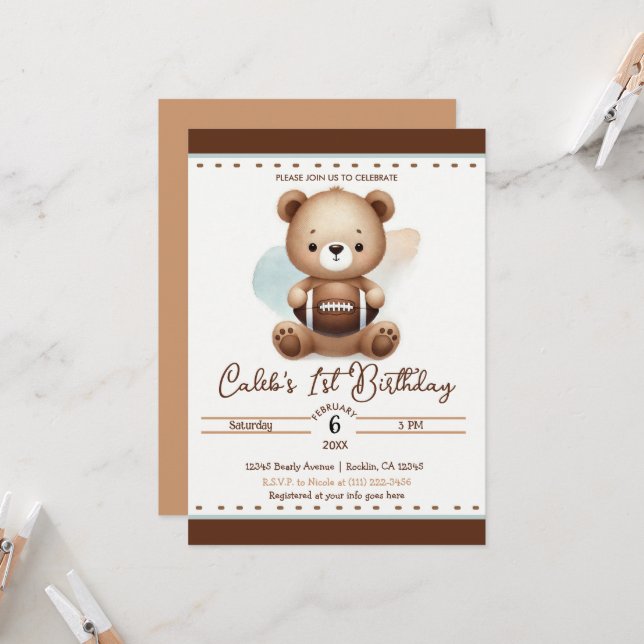 Invitation Teddy Bear Football Aquarelle 1ère fête d'annivers (Devant/Arrière en situation)