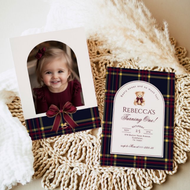 Invitation Teddy Bear Girl 1er Anniversaire Preppy Plaid Anni (Créateur téléchargé)