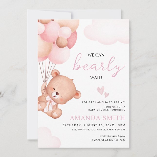 Invitation Teddy Bear Girl Baby shower Aquarelle rose (Devant)