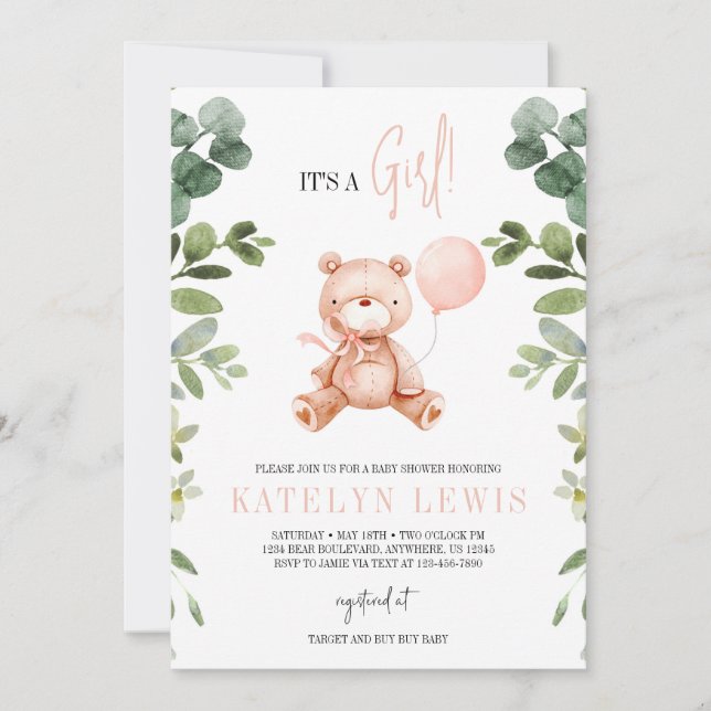 Invitation Teddy Bear Girl Baby shower verdoyant (Devant)