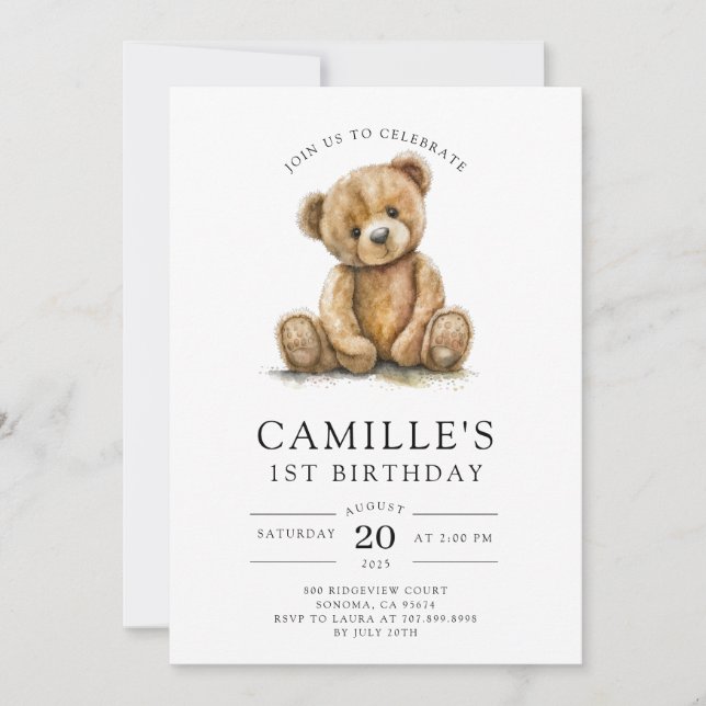 Invitation Teddy Bear Girl's 1st Birthday (Devant)