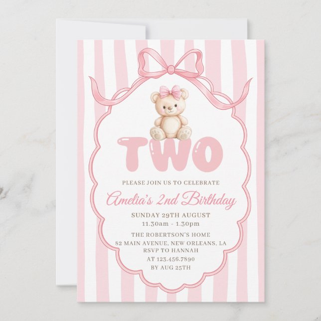 Invitation Teddy Bear Girls Pink Bow Stripes 2nd Birthday (Devant)