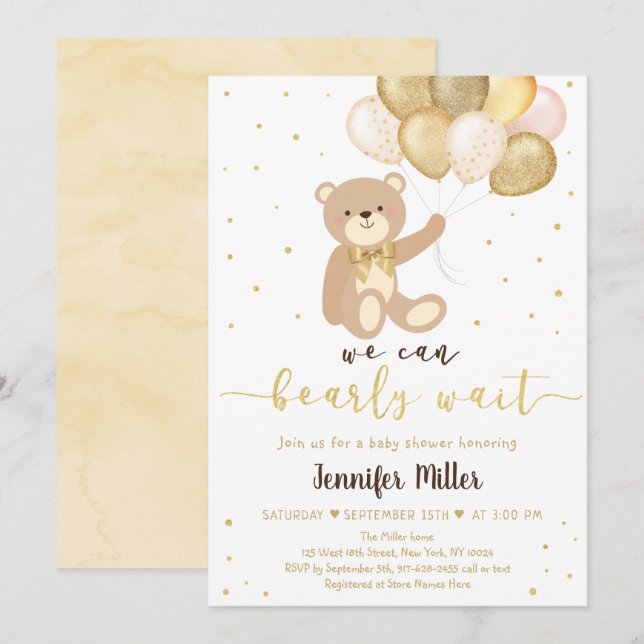 Invitation Teddy Bear Gold Balloon Sexe Baby shower neutre (Devant / Derrière)
