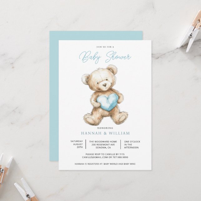 Invitation Teddy Bear Heart Boy Blue Baby Shower  (Devant/Arrière en situation)