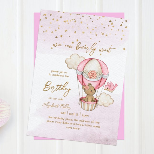 Invitation Teddy Bear Hot Air Balloon Baby Girl 1er anniversa (Créateur téléchargé)