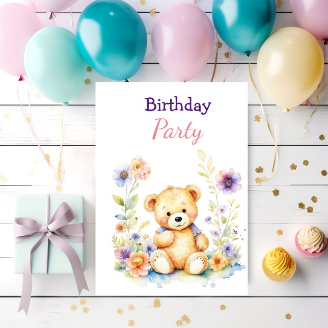 Invitation Teddy Bear in Flowers Fête d'anniversaire de fille (Créateur téléchargé)