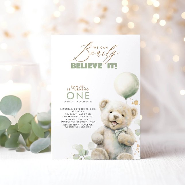 Invitation Teddy Bear Jolie fête d'anniversaire (Bear Themed 1st Birthday Invitations - We Can Bearly Believe It!)