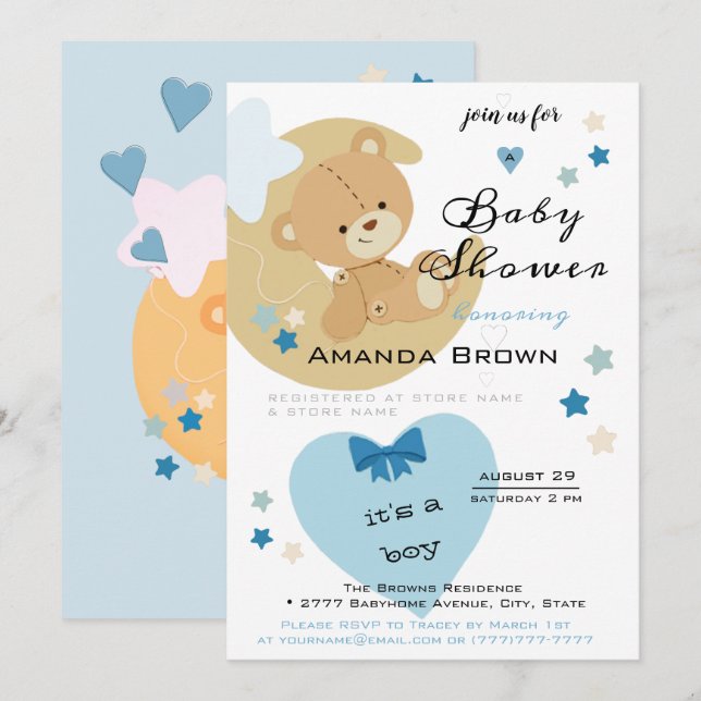 Invitation Teddy Bear Love Baby Boy Douche | (Devant / Derrière)