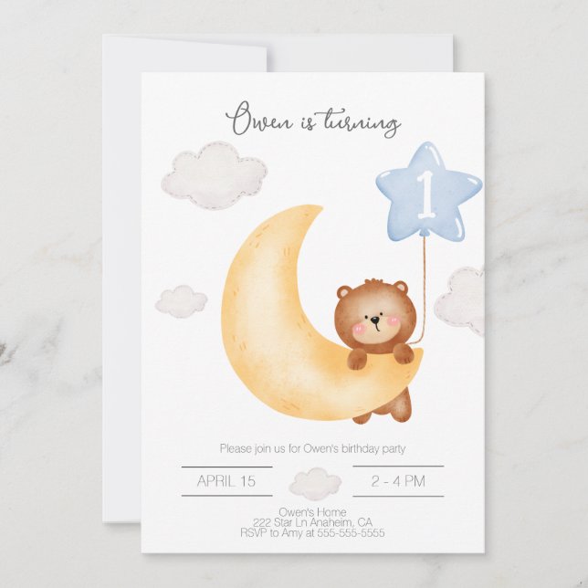 Invitation Teddy Bear Lune et Stars bleu ballon Anniversaire  (Devant)