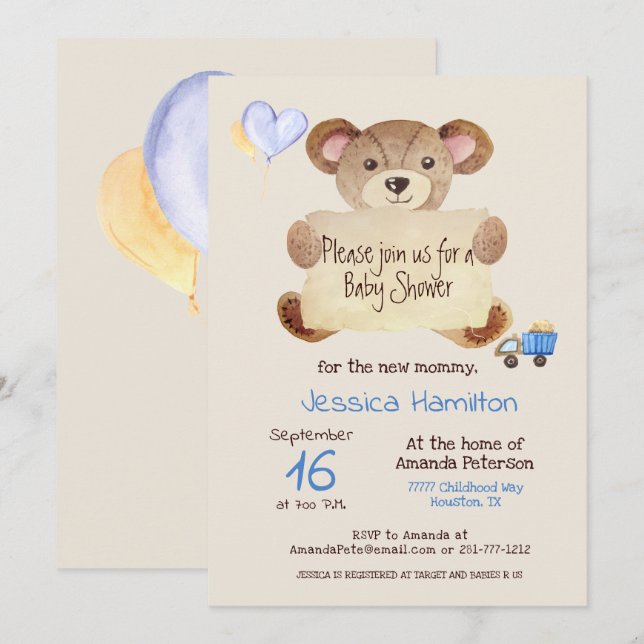 Invitation Teddy Bear mignonne adorable Baby Boy Baby shower (Devant / Derrière)