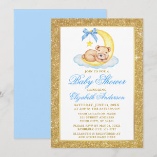 Invitation Teddy Bear Moon Gold Parties scintillant Baby show