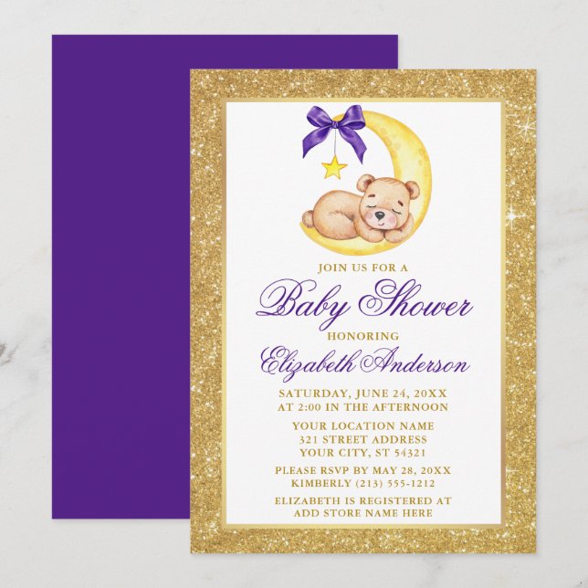 Invitation Teddy Bear Moon Gold Parties scintillant Baby show (Devant / Derrière)