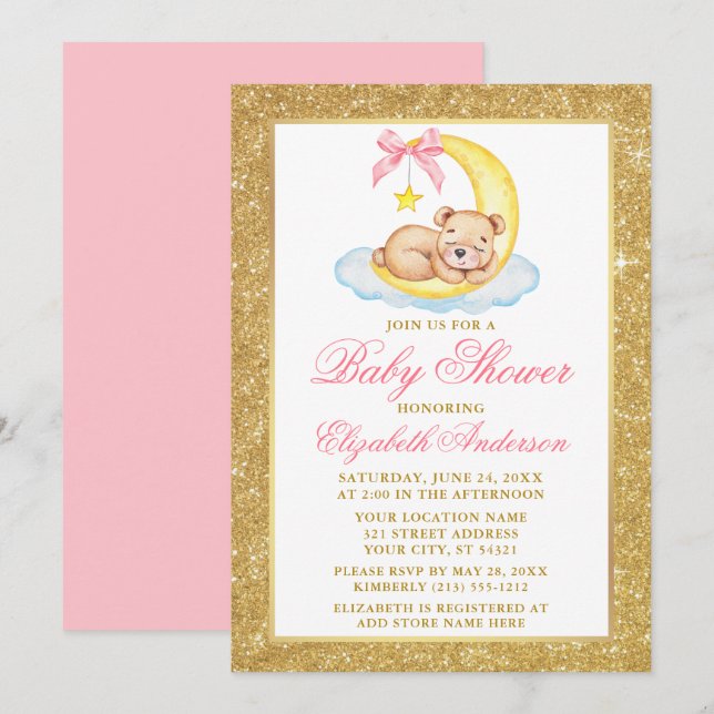 Invitation Teddy Bear Moon Gold Parties scintillant Baby show (Devant / Derrière)