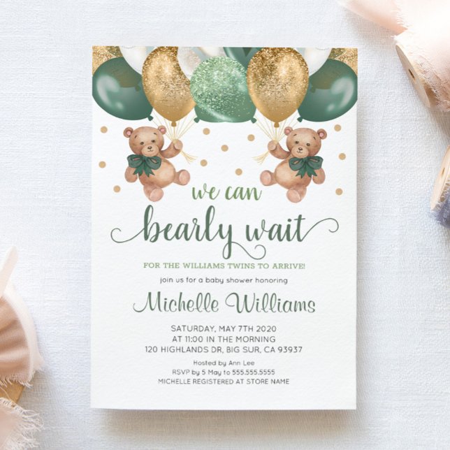 Invitation Teddy Bear On Peut Attendre Baby shower Twins (Créateur téléchargé)