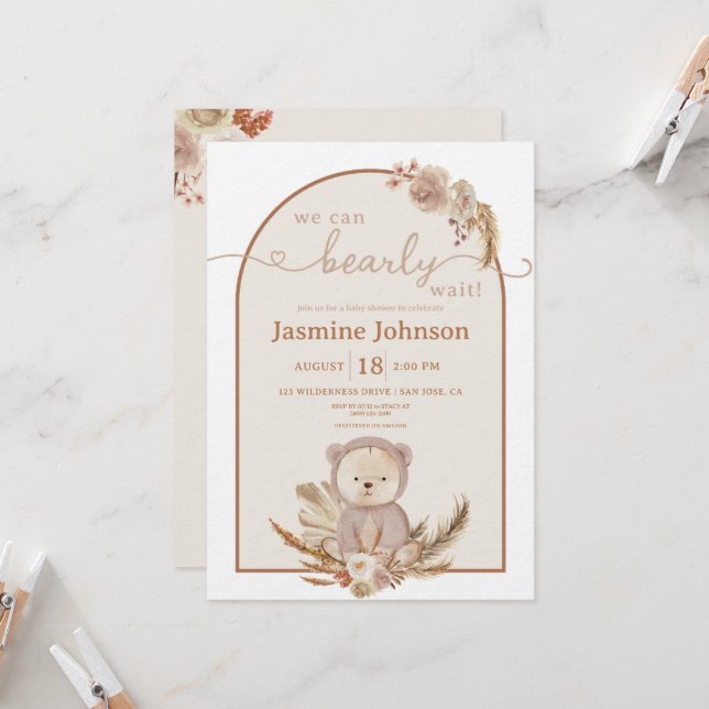 Invitation Teddy Bear On Peut Attendre Le Baby shower Boho (Devant/Arrière en situation)