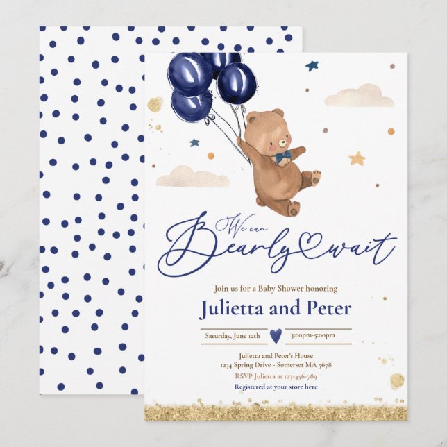 Invitation Teddy Bear On Peut Attendre Un Garçon Baby shower  (Devant / Derrière)