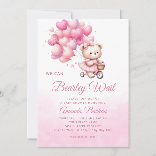 Invitation Teddy Bear on peut Bearly Wait girl baby shower (Devant)