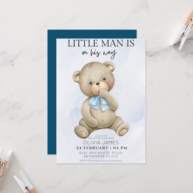 Invitation Teddy bear petit homme est en chemin baby shower (Devant/Arrière en situation)