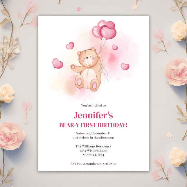 Invitation Teddy Bear Pink Balloons 1er anniversaire fête (Créateur téléchargé)