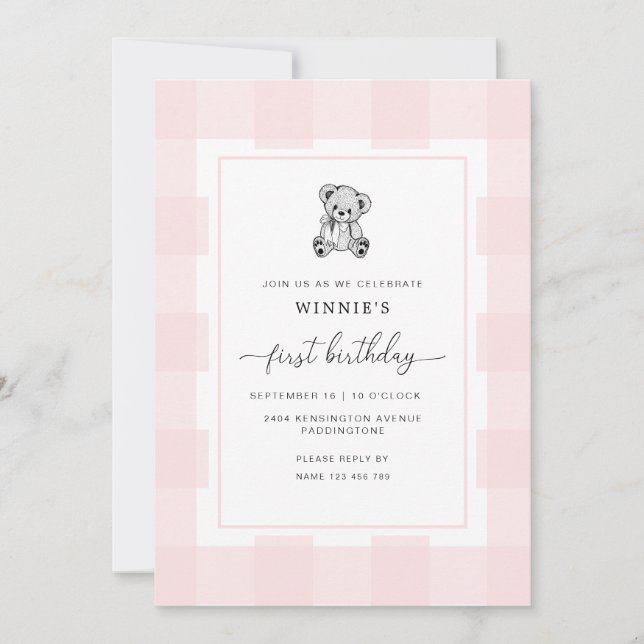Invitation Teddy Bear Pink En vichy 1er anniversaire Invitati (Devant)