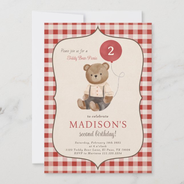 Invitation Teddy Bear Pique-nique Anniversaire Fête Invitatio (Devant)