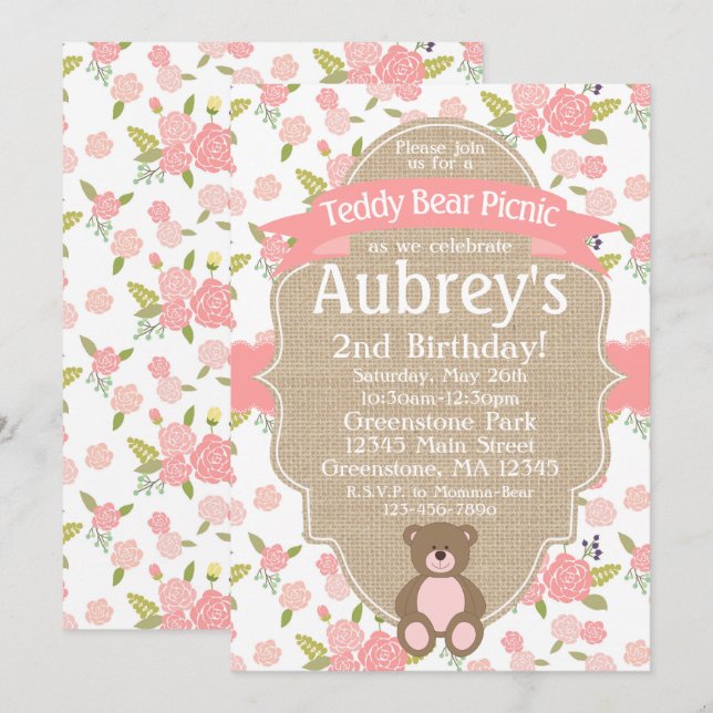 Invitation Teddy Bear Pique-nique Anniversaire Fête Invitatio (Devant / Derrière)