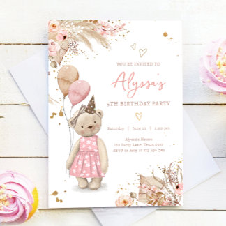 Invitation Teddy Bear Pique-nique Boho Rose Girl Anniversaire