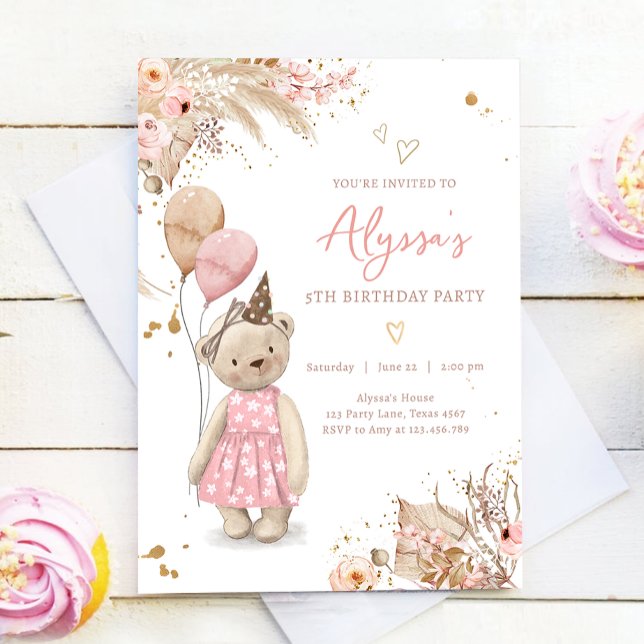 Invitation Teddy Bear Pique-nique Boho Rose Girl Anniversaire (Créateur téléchargé)