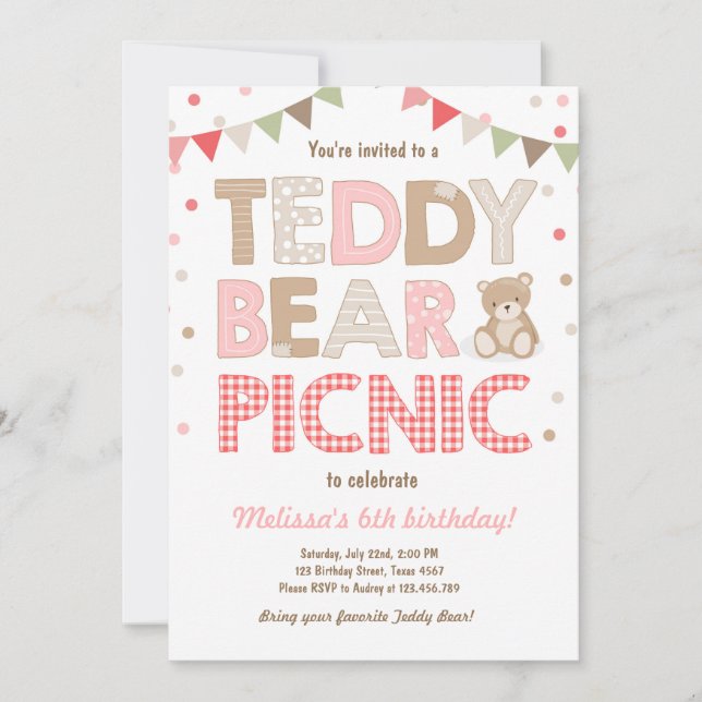 Invitation Teddy Bear Pique-nique Fille anniversaire Invitati (Devant)