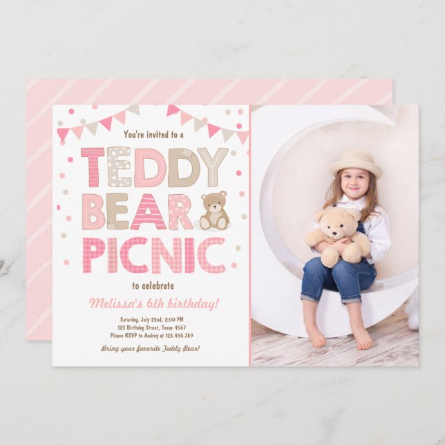 Invitation Teddy Bear Pique-nique Fille anniversaire Invitati (Devant / Derrière)