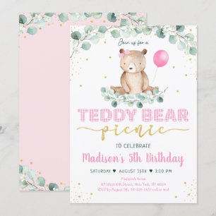 Invitation Teddy Bear Pique-nique Pink Gold Green Anniversair