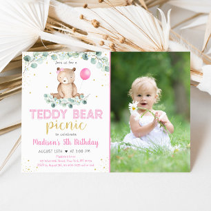 Invitation Teddy Bear Pique-nique Rose Floral Anniversaire