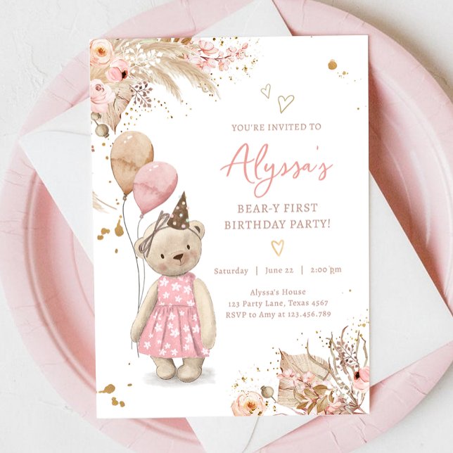 Invitation Teddy Bear Pique-nique Rose Girl Premier anniversa (Créateur téléchargé)