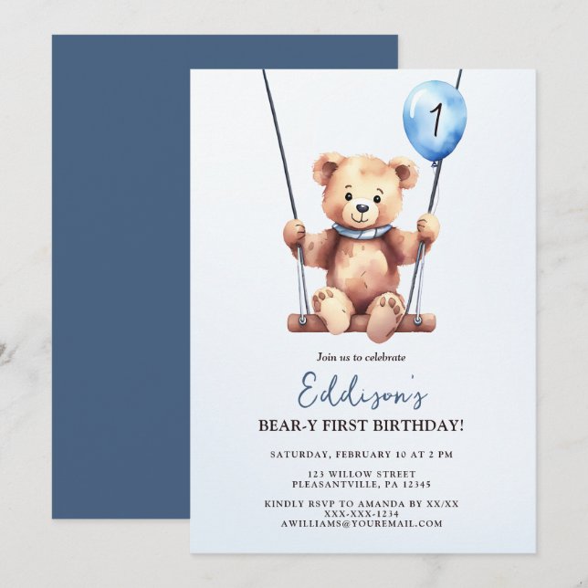 Invitation Teddy Bear Premier anniversaire (Devant / Derrière)